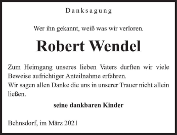 Traueranzeige von Robert Wendel  von Magdeburger Volksstimme