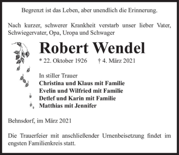 Traueranzeige von Robert Wendel  von Magdeburger Volksstimme