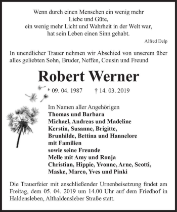 Traueranzeige von Robert Werner  von Magdeburger Volksstimme