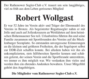 Traueranzeige von Robert Wollgast  von Magdeburger Volksstimme