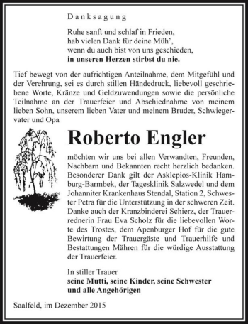 Traueranzeige von Roberto Engler  von Magdeburger Volksstimme