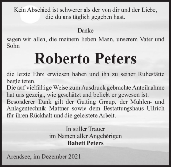 Traueranzeige von Roberto Peters  von Magdeburger Volksstimme