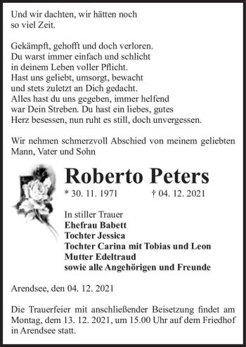 Traueranzeige von Roberto Peters  von Magdeburger Volksstimme