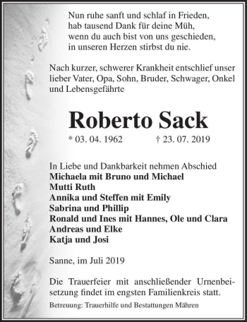 Traueranzeige von Roberto Sack  von Magdeburger Volksstimme