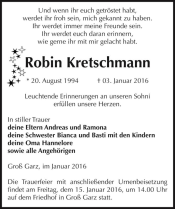 Traueranzeige von Robin Kretschmann  von Magdeburger Volksstimme