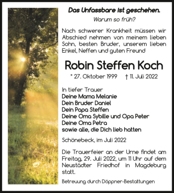Traueranzeige von Robin Steffen Koch  von Magdeburger Volksstimme