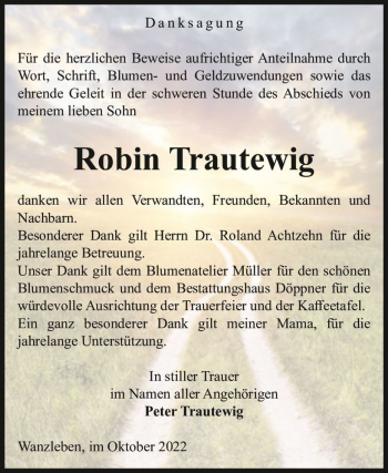 Traueranzeige von Robin Trautewig  von Magdeburger Volksstimme