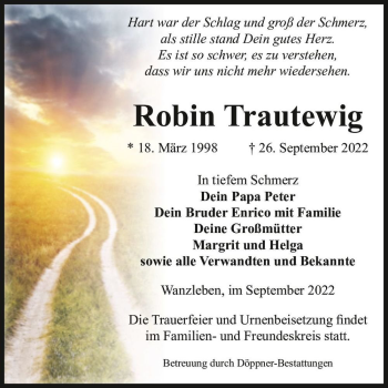 Traueranzeige von Robin Trautewig  von Magdeburger Volksstimme
