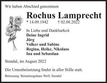 Traueranzeige von Rochus Lamprecht  von Magdeburger Volksstimme