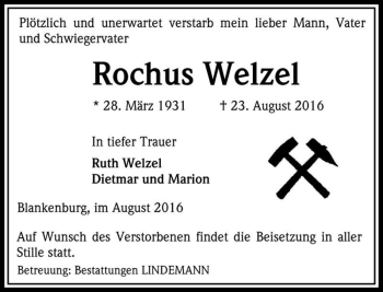 Traueranzeige von Rochus Welzel  von Magdeburger Volksstimme