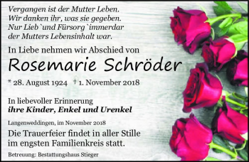 Traueranzeige von Roesemarie Schröder  von Magdeburger Volksstimme