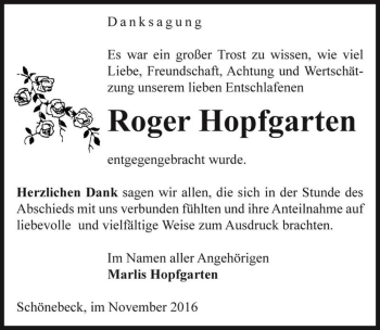 Traueranzeige von Roger Hopfgarten  von Magdeburger Volksstimme