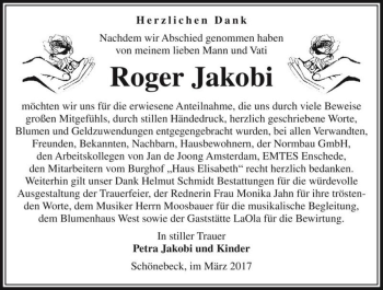 Traueranzeige von Roger Jakobi  von Magdeburger Volksstimme