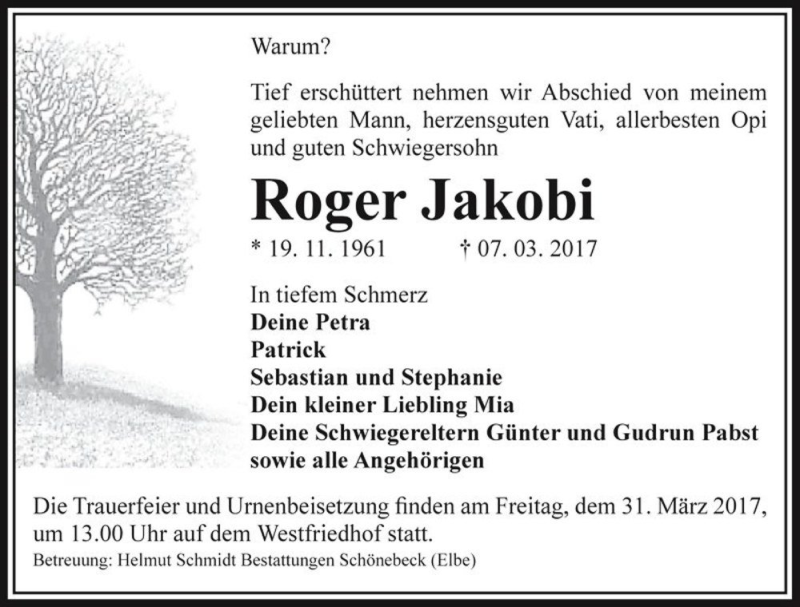  Traueranzeige für Roger Jakobi  vom 18.03.2017 aus Magdeburger Volksstimme