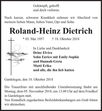 Traueranzeige von Roland-Heinz Dietrich  von Magdeburger Volksstimme