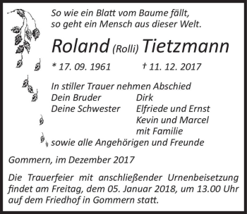 Traueranzeige von Roland (Rolli) Tietzmann  von Magdeburger Volksstimme