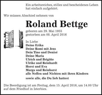 Traueranzeige von Roland Bettge  von Magdeburger Volksstimme