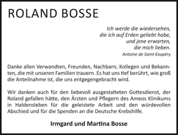 Traueranzeige von Roland Bosse  von Magdeburger Volksstimme