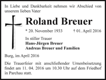 Traueranzeige von Roland Breuer  von Magdeburger Volksstimme