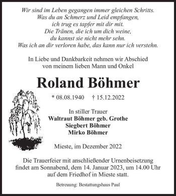 Traueranzeige von Roland Böhmer  von Magdeburger Volksstimme