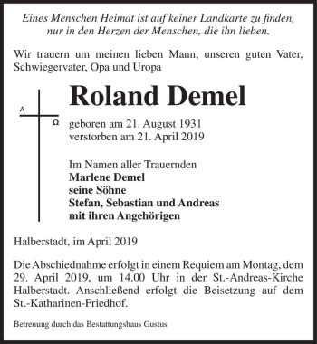 Traueranzeige von Roland Demel  von Magdeburger Volksstimme