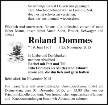 Traueranzeige von Roland Dommes  von Magdeburger Volksstimme