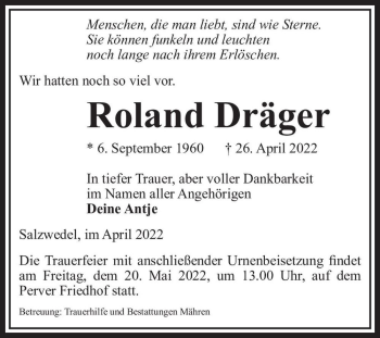 Traueranzeige von Roland Dräger  von Magdeburger Volksstimme
