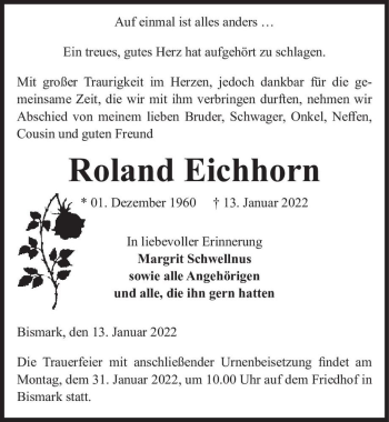 Traueranzeige von Roland Eichhorn  von Magdeburger Volksstimme