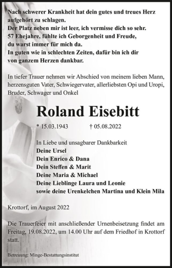 Traueranzeige von Roland Eisebitt  von Magdeburger Volksstimme