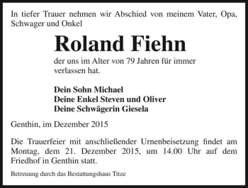 Traueranzeige von Roland Fiehn  von Magdeburger Volksstimme