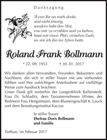 Traueranzeige von Roland Frank Bollmann  von Magdeburger Volksstimme