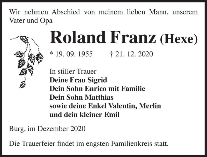 Traueranzeige für Roland Franz 