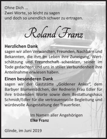 Traueranzeige von Roland Franz  von Magdeburger Volksstimme
