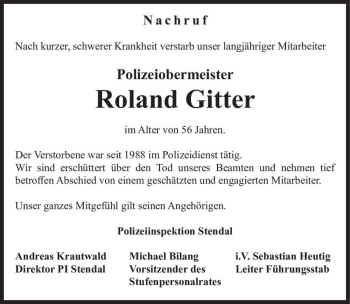 Traueranzeige von Roland Gitter  von Magdeburger Volksstimme