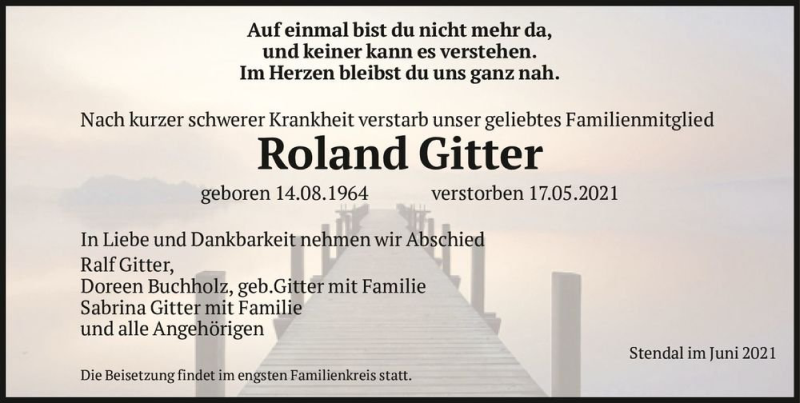  Traueranzeige für Roland Gitter  vom 05.06.2021 aus Magdeburger Volksstimme