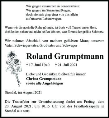 Traueranzeige von Roland Grumptmann  von Magdeburger Volksstimme