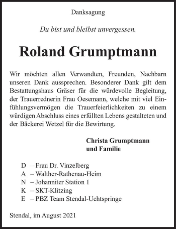 Traueranzeige von Roland Grumptmann  von Magdeburger Volksstimme