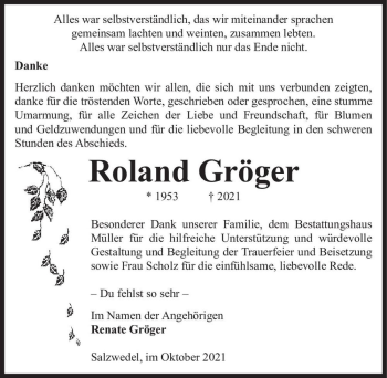 Traueranzeige von Roland Gröger  von Magdeburger Volksstimme