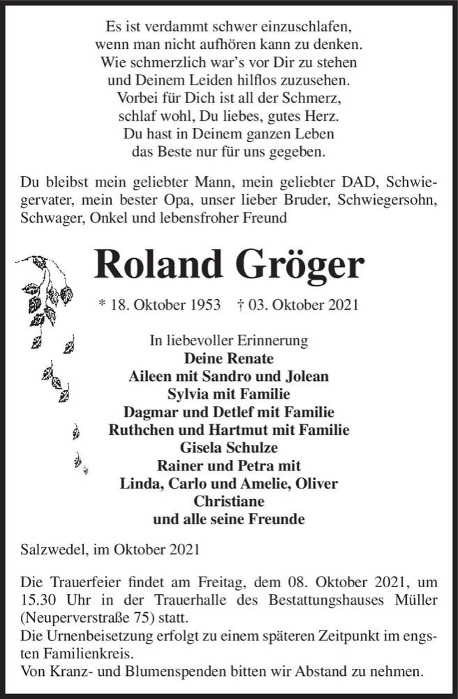  Traueranzeige für Roland Gröger  vom 06.10.2021 aus Magdeburger Volksstimme