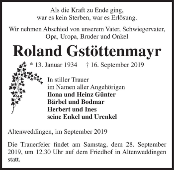 Traueranzeige von Roland Gstöttenmayr  von Magdeburger Volksstimme
