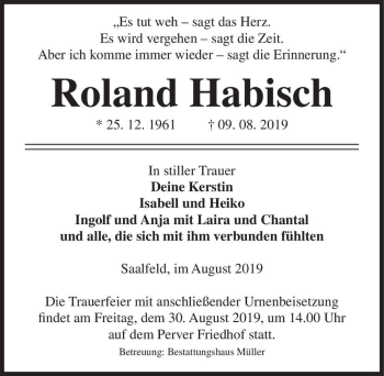 Traueranzeige von Roland Habisch  von Magdeburger Volksstimme