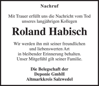 Traueranzeige von Roland Habisch  von Magdeburger Volksstimme