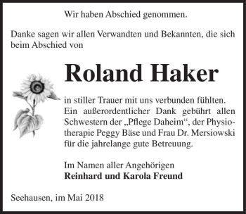 Traueranzeige von Roland Haker  von Magdeburger Volksstimme