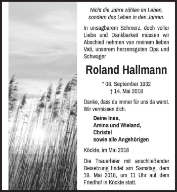 Traueranzeige von Roland Hallmann  von Magdeburger Volksstimme