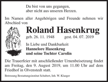Traueranzeige von Roland Hasenkrug  von Magdeburger Volksstimme