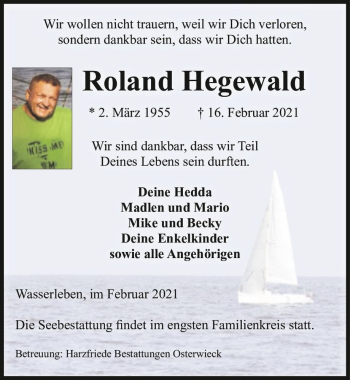 Traueranzeige von Roland Hegewald  von Magdeburger Volksstimme