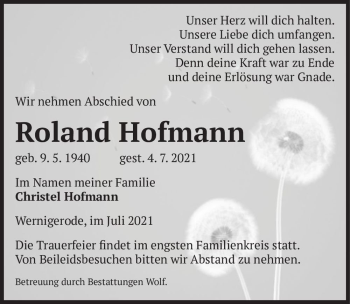 Traueranzeige von Roland Hofmann  von Magdeburger Volksstimme