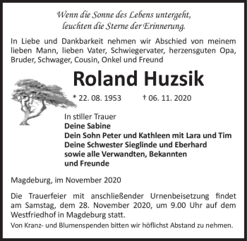 Traueranzeige von Roland Huzsik  von Magdeburger Volksstimme