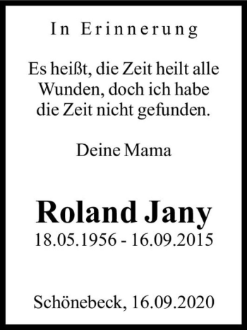 Traueranzeige von Roland Jany  von Magdeburger Volksstimme