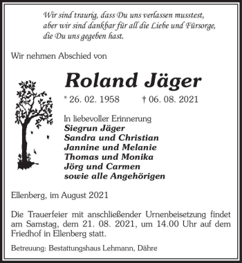 Traueranzeige von Roland Jäger  von Magdeburger Volksstimme